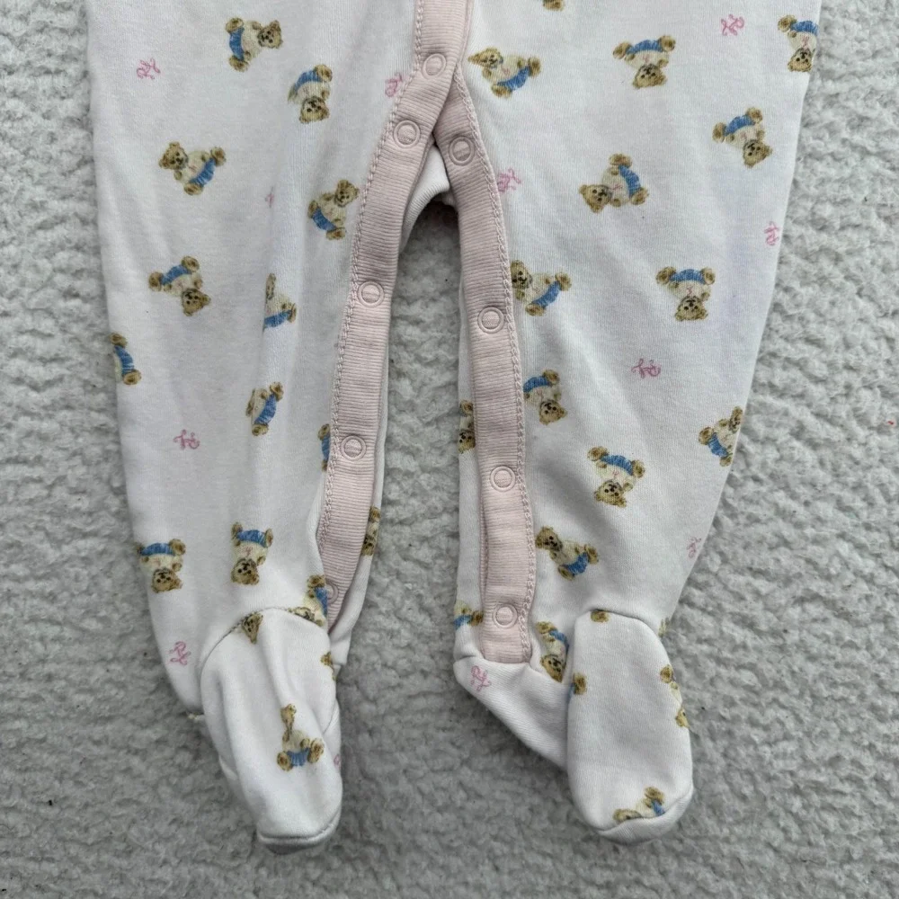 Ralph Lauren Pajama Polo Pink Bear Footed Coverall Baby Girl 6M Snap Buttons